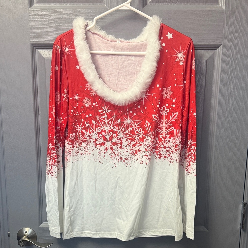 Festive Red and White Long Sleeve Women's Top